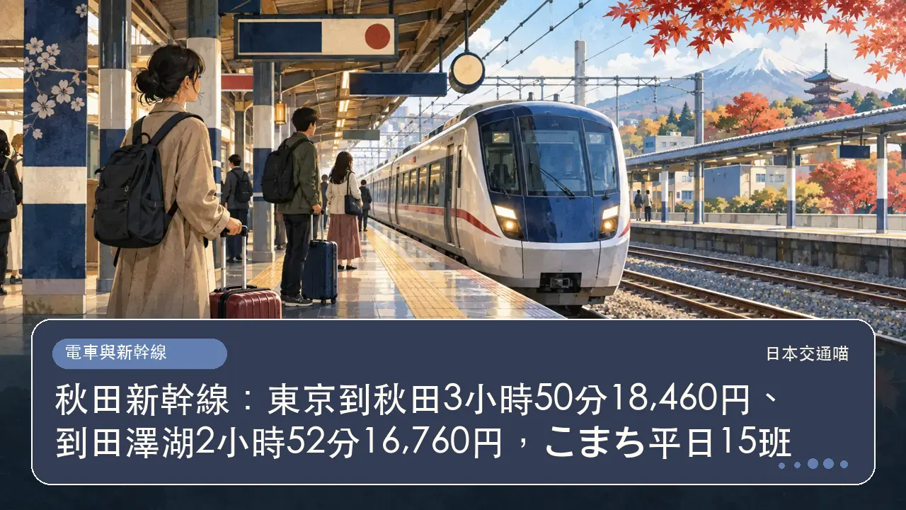 秋田新幹線:東京到秋田3小時50分18,460円、到田澤湖2小時52分16,760円,こまち平日15班主題插畫