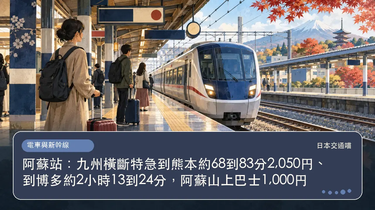 阿蘇站：九州橫斷特急到熊本約68到83分2,050円、到博多約2小時13到24分，阿蘇山上巴士1,000円主題插畫