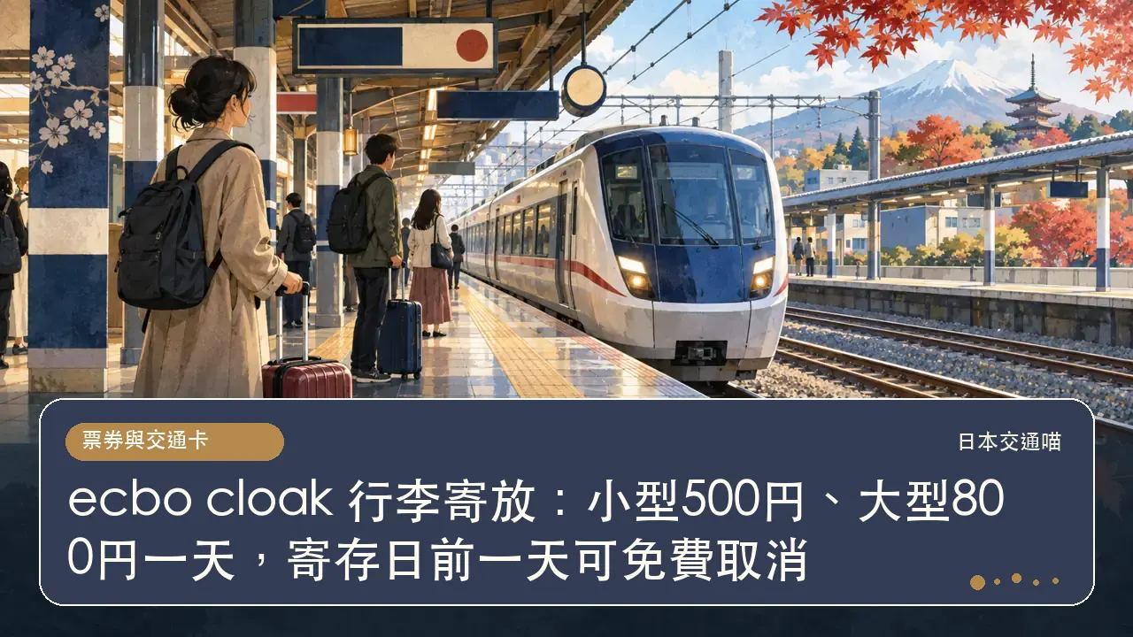 ecbo cloak 行李寄放：小型500円、大型800円一天，寄存日前一天可免費取消主題插畫