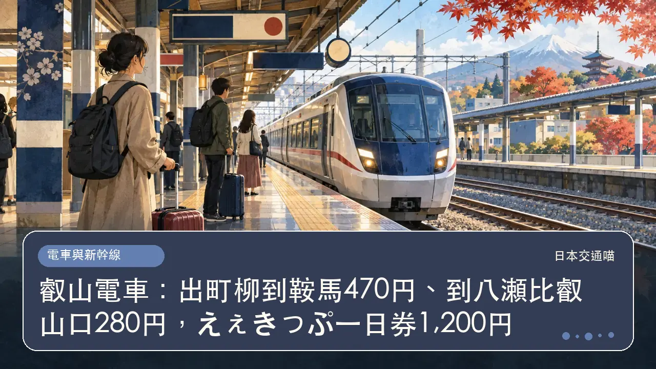 叡山電車:出町柳到鞍馬470円、到八瀬比叡山口280円,えぇきっぷ一日券1,200円主題插畫