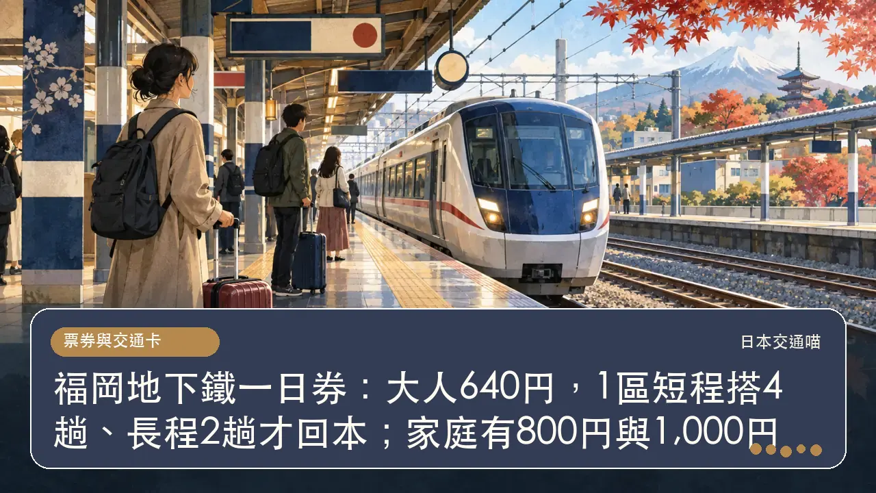 福岡地下鐵一日券：大人640円，1區短程搭4趟、長程2趟才回本；家庭有800円與1,000円主題插畫