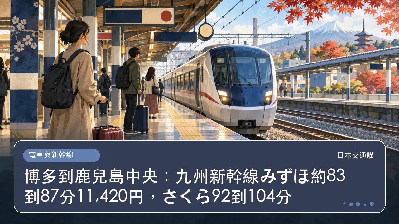 博多到鹿兒島中央：九州新幹線みずほ約83到87分11,420円，さくら92到104分主題插畫