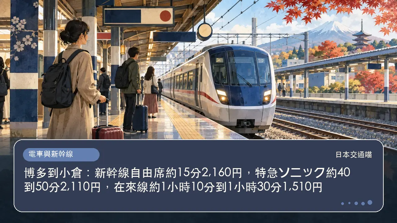 博多到小倉：新幹線自由席約15分2,160円，特急ソニック約40到50分2,110円，在來線約1小時10分到1小時30分1,510円主題插畫