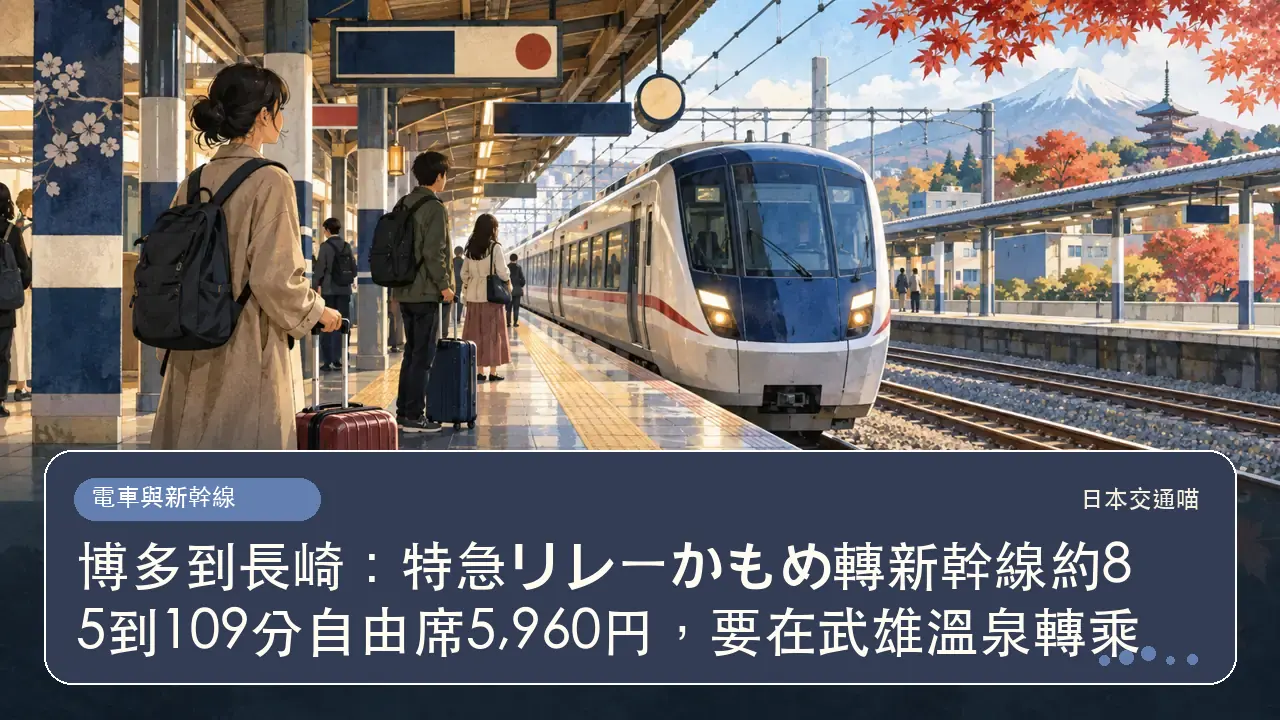 博多到長崎：特急リレーかもめ轉新幹線約85到109分自由席5,960円，要在武雄溫泉轉乘主題插畫