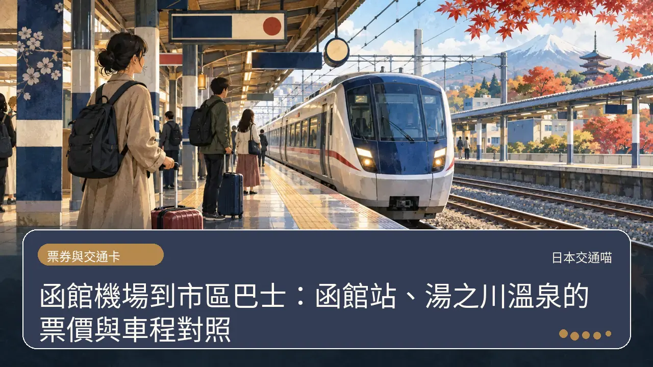 函館機場到市區巴士:函館站、湯之川溫泉的票價與車程對照主題插畫