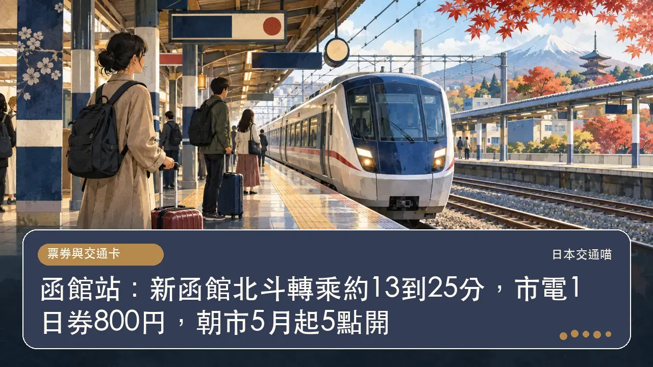 函館站：新函館北斗轉乘約13到25分，市電1日券800円，朝市5月起5點開主題插畫