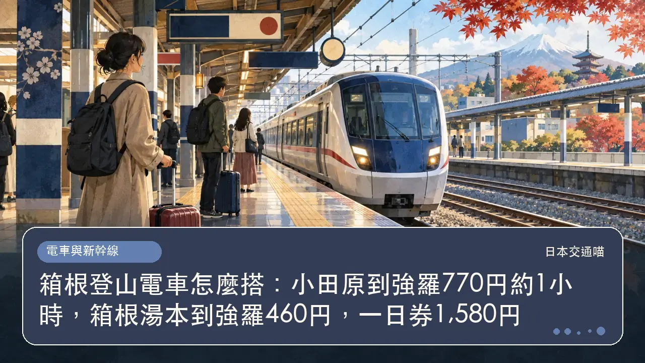 箱根登山電車怎麼搭:小田原到強羅770円約1小時,箱根湯本到強羅460円,一日券1,580円主題插畫