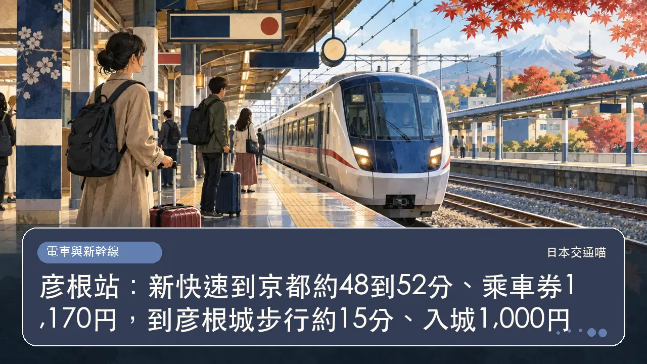 彦根站：新快速到京都約48到52分、乘車券1,170円，到彦根城步行約15分、入城1,000円主題插畫