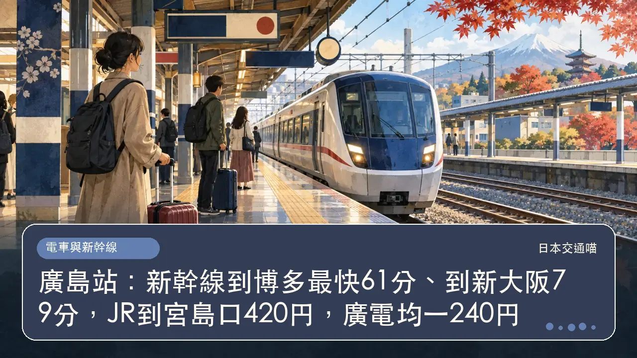 廣島站：新幹線到博多最快61分、到新大阪79分，JR到宮島口420円，廣電均一240円主題插畫
