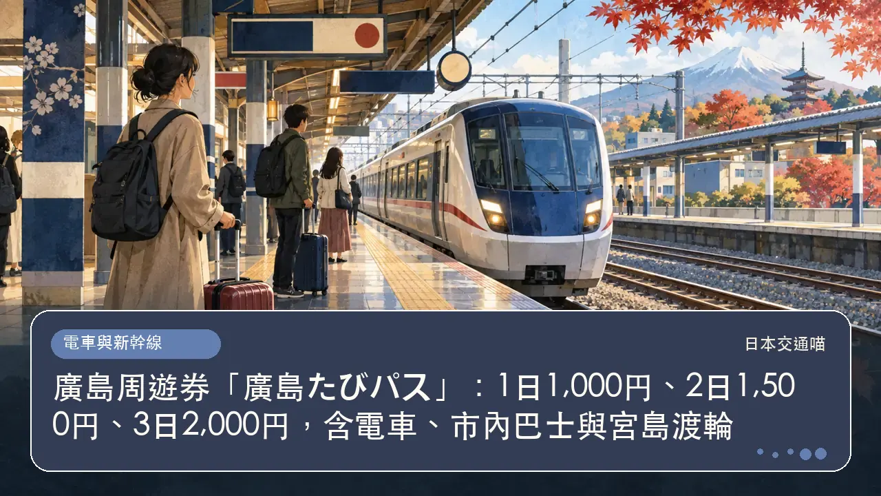廣島周遊券「廣島たびパス」:1日1,000円、2日1,500円、3日2,000円,含電車、市內巴士與宮島渡輪主題插畫