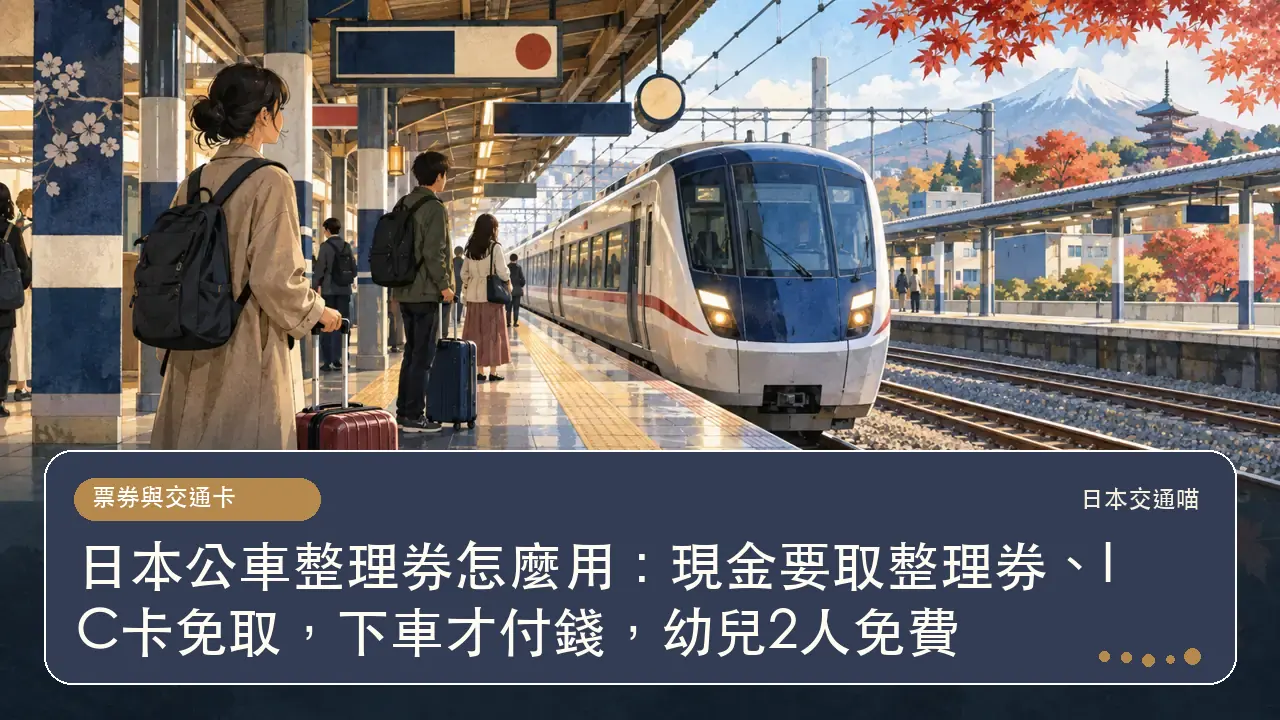 日本公車整理券怎麼用：現金要取整理券、IC卡免取，下車才付錢，幼兒2人免費主題插畫
