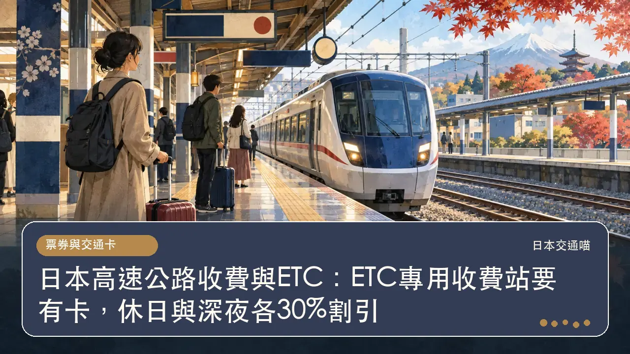 日本高速公路收費與ETC:ETC專用收費站要有卡,休日與深夜各30%割引主題插畫
