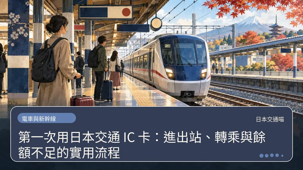 第一次用日本交通 IC 卡：進出站、轉乘與餘額不足的實用流程主題插畫