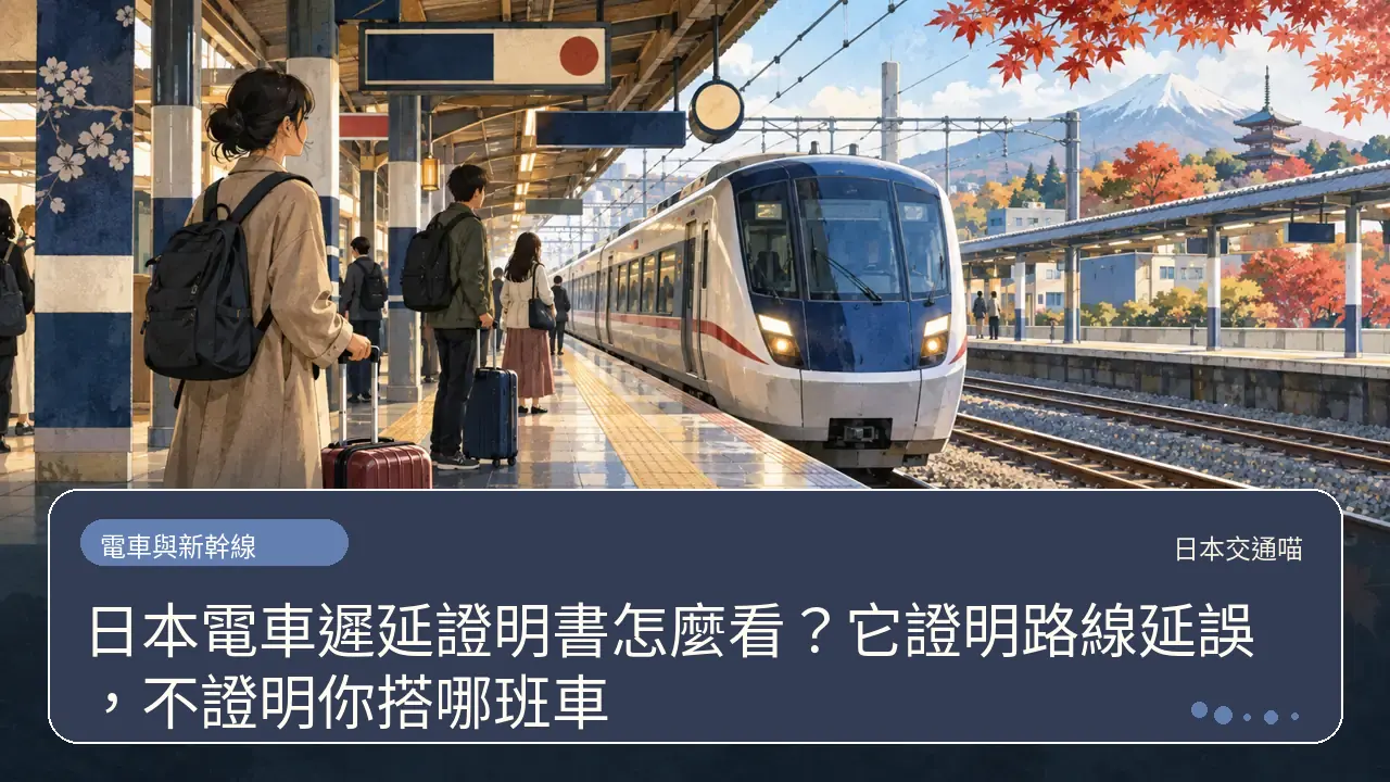 日本電車遲延證明書怎麼看？它證明路線延誤，不證明你搭哪班車主題插畫