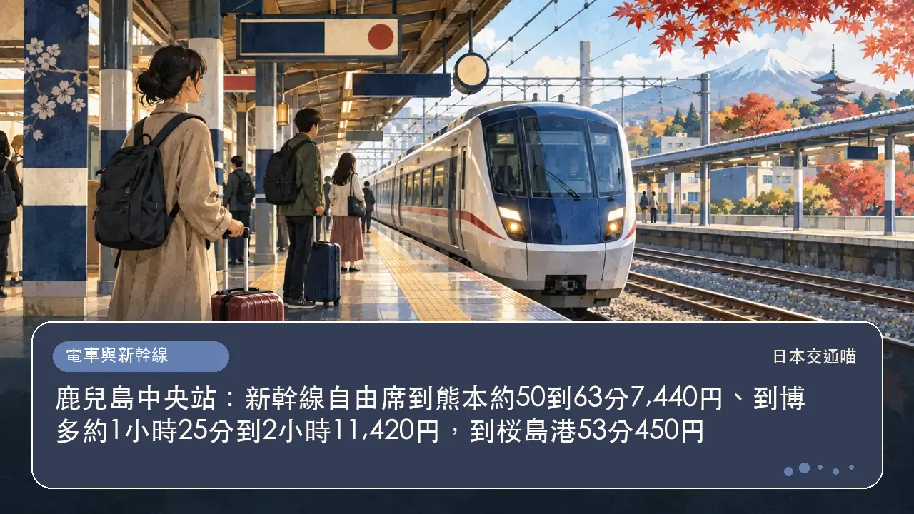 鹿兒島中央站：新幹線自由席到熊本約50到63分7,440円、到博多約1小時25分到2小時11,420円，到桜島港53分450円主題插畫