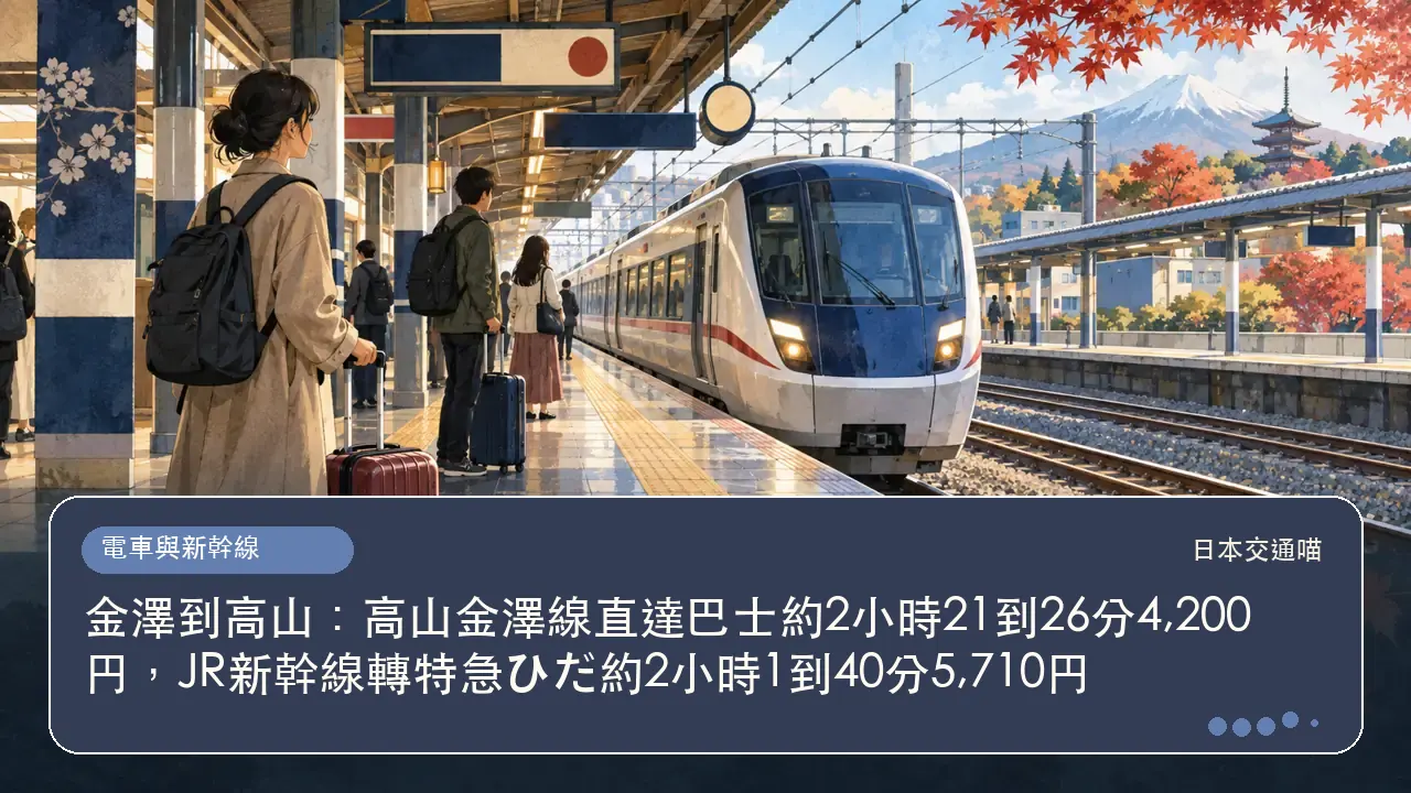 金澤到高山：高山金澤線直達巴士約2小時21到26分4,200円，JR新幹線轉特急ひだ約2小時1到40分5,710円主題插畫