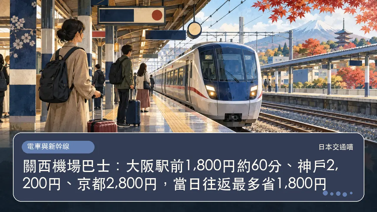 關西機場巴士:大阪駅前1,800円約60分、神戶2,200円、京都2,800円,當日往返最多省1,800円主題插畫