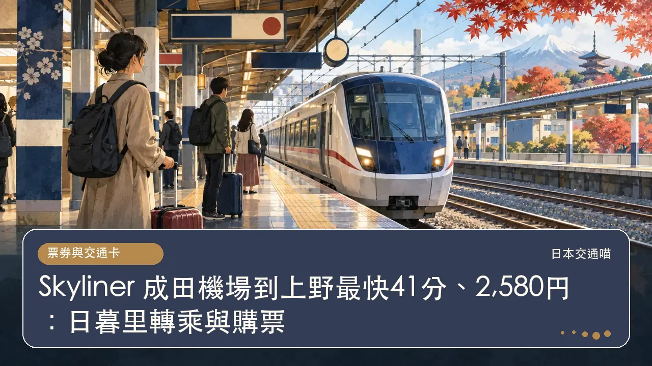 Skyliner 成田機場到上野最快41分、2,580円：日暮里轉乘與購票主題插畫