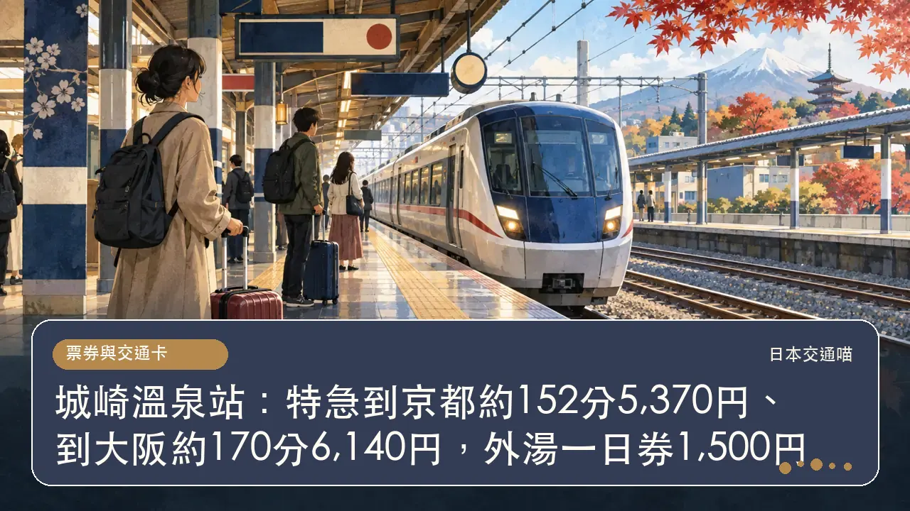 城崎溫泉站:特急到京都約152分5,370円、到大阪約170分6,140円,外湯一日券1,500円主題插畫