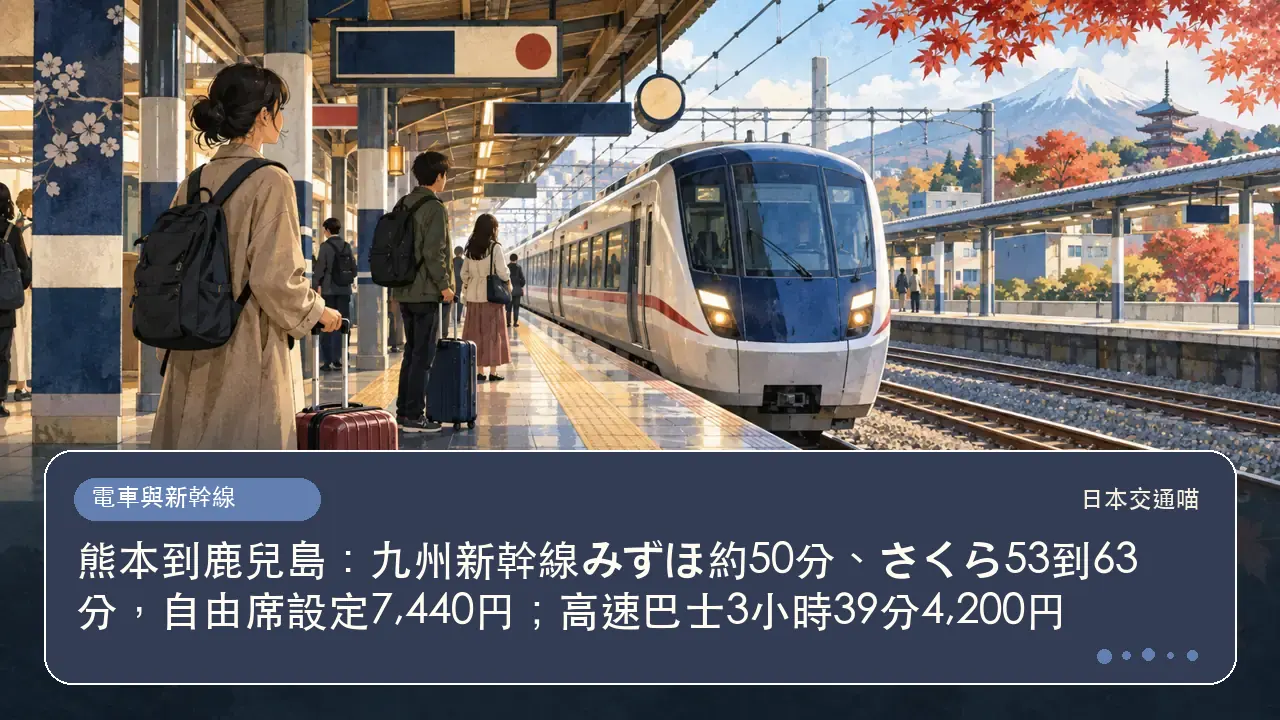 熊本到鹿兒島:九州新幹線みずほ約50分、さくら53到63分,自由席設定7,440円;高速巴士3小時39分4,200円主題插畫