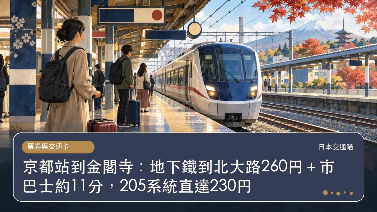 京都站到金閣寺：地下鐵到北大路260円＋市巴士約11分，205系統直達230円主題插畫