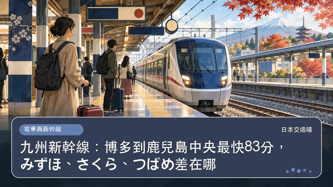 九州新幹線：博多到鹿兒島中央最快83分，みずほ、さくら、つばめ差在哪主題插畫