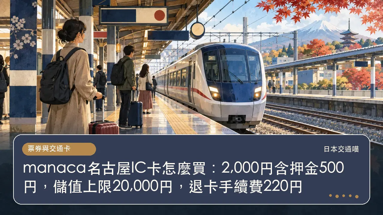 manaca名古屋IC卡怎麼買：2,000円含押金500円，儲值上限20,000円，退卡手續費220円主題插畫