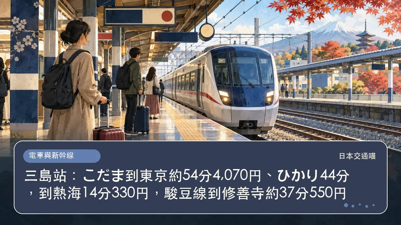 三島站：こだま到東京約54分4,070円、ひかり44分，到熱海14分330円，駿豆線到修善寺約37分550円主題插畫