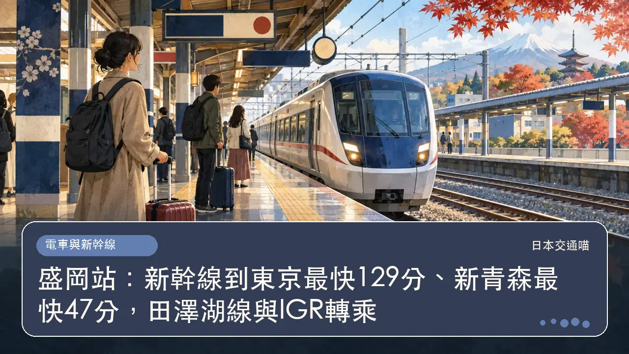 盛岡站：新幹線到東京最快129分、新青森最快47分，田澤湖線與IGR轉乘主題插畫