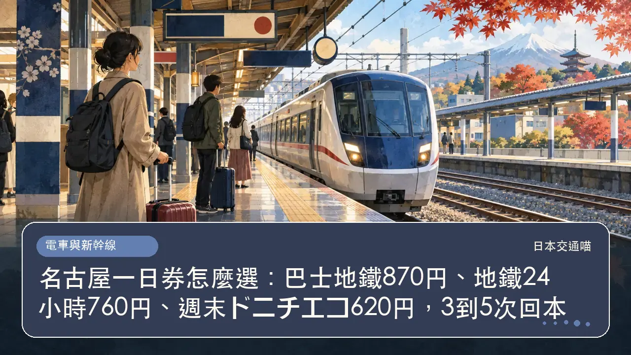 名古屋一日券怎麼選:巴士地鐵870円、地鐵24小時760円、週末ドニチエコ620円,3到5次回本主題插畫