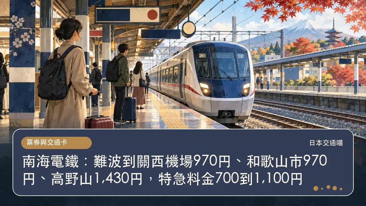 南海電鐵：難波到關西機場970円、和歌山市970円、高野山1,430円，特急料金700到1,100円主題插畫