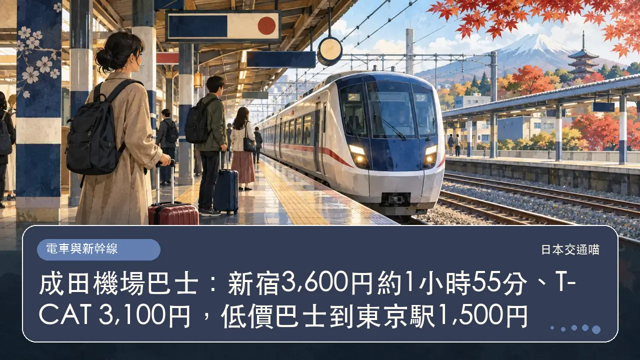 成田機場巴士：新宿3,600円約1小時55分、T-CAT 3,100円，低價巴士到東京駅1,500円主題插畫