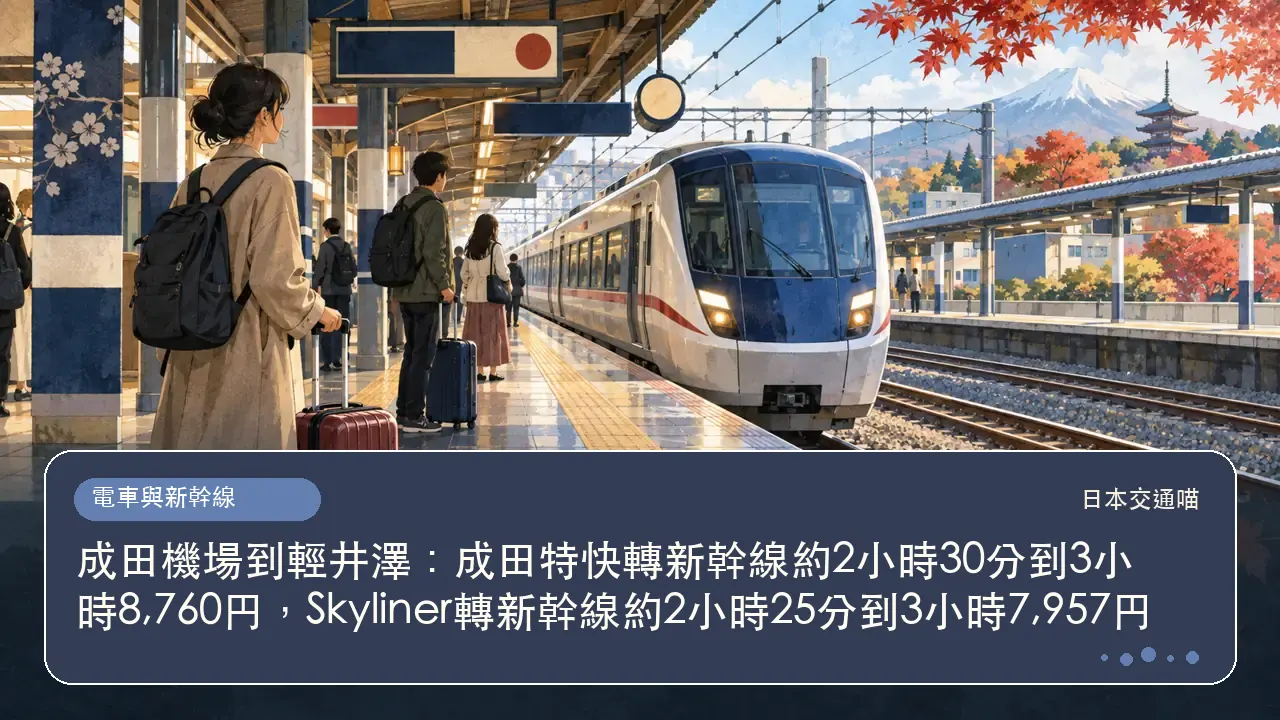 成田機場到輕井澤：成田特快轉新幹線約2小時30分到3小時8,760円，Skyliner轉新幹線約2小時25分到3小時7,957円主題插畫