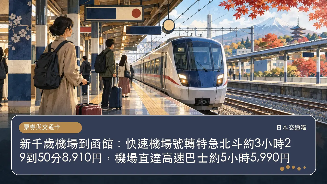 新千歲機場到函館:快速機場號轉特急北斗約3小時29到50分8,910円,機場直達高速巴士約5小時5,990円主題插畫