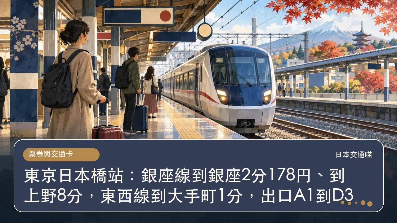 東京日本橋站：銀座線到銀座2分178円、到上野8分，東西線到大手町1分，出口A1到D3主題插畫