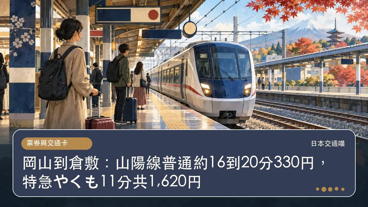 岡山到倉敷：山陽線普通約16到20分330円，特急やくも11分共1,620円主題插畫