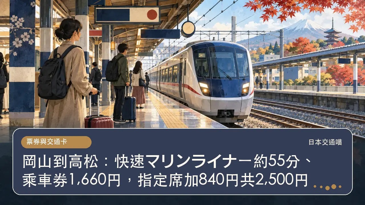岡山到高松：快速マリンライナー約55分、乘車券1,660円，指定席加840円共2,500円主題插畫
