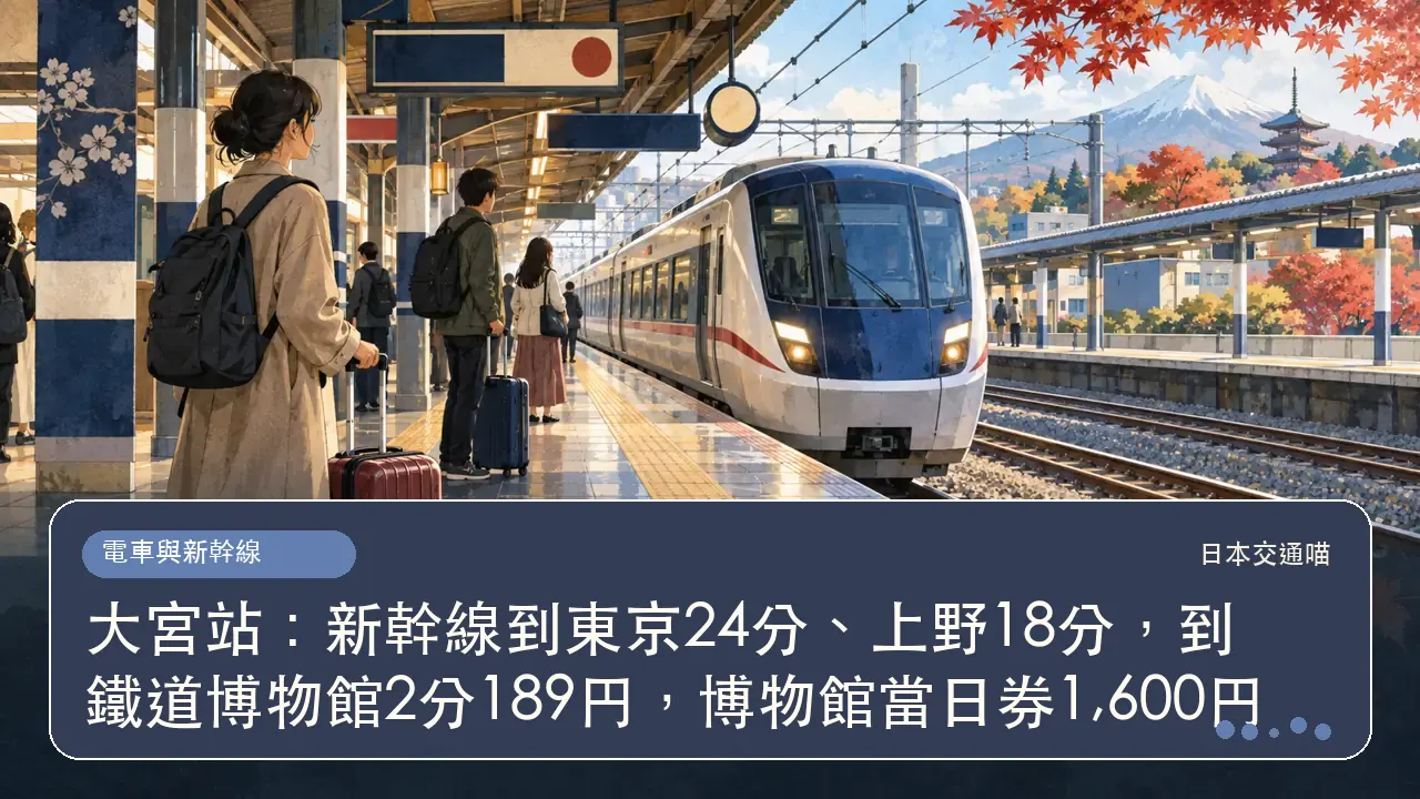 大宮站：新幹線到東京24分、上野18分，到鐵道博物館2分189円，博物館當日券1,600円主題插畫