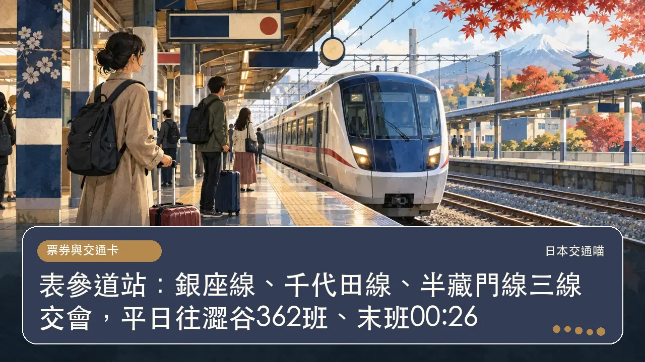 表參道站：銀座線、千代田線、半藏門線三線交會，平日往澀谷362班、末班00:26主題插畫