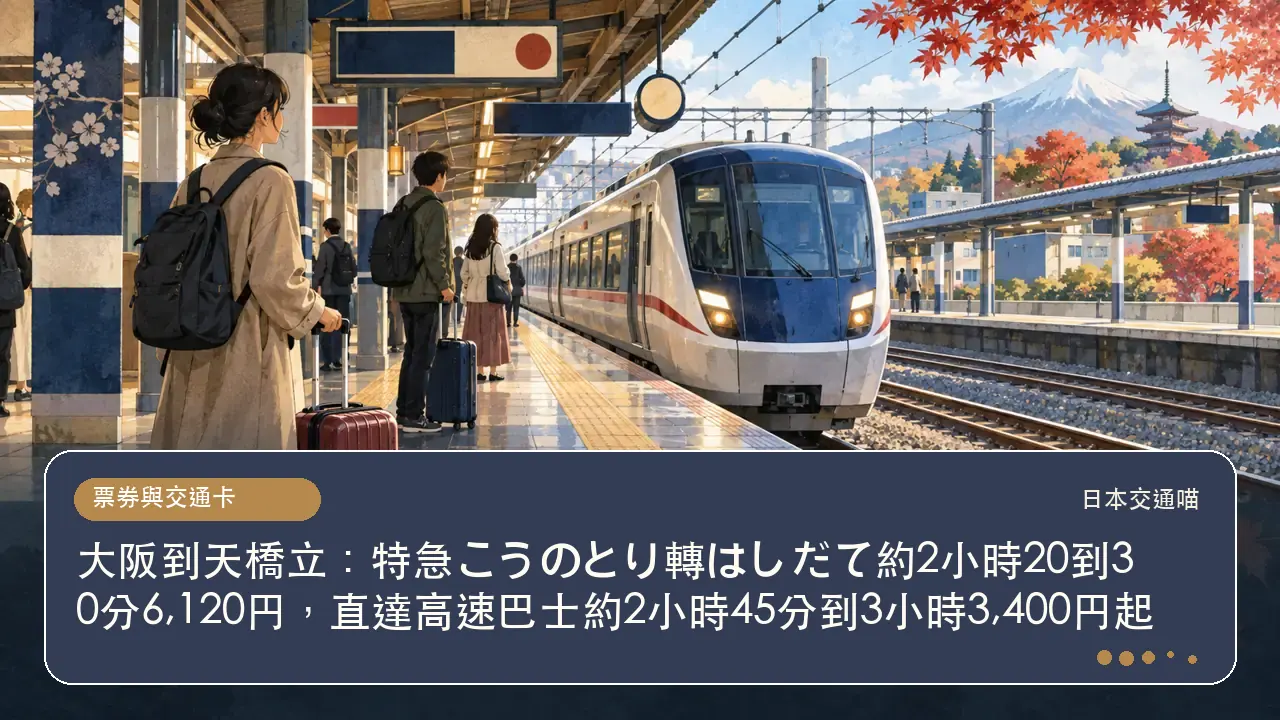 大阪到天橋立：特急こうのとり轉はしだて約2小時20到30分6,120円，直達高速巴士約2小時45分到3小時3,400円起主題插畫