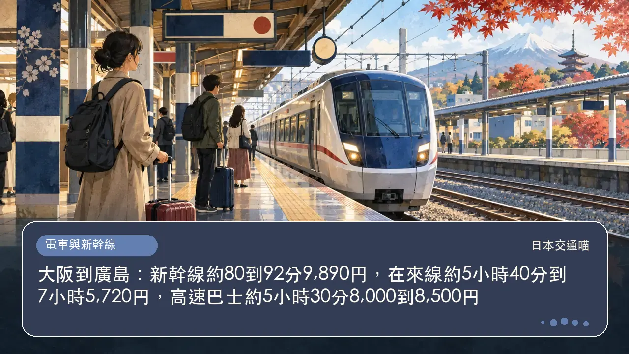 大阪到廣島:新幹線約80到92分9,890円,在來線約5小時40分到7小時5,720円,高速巴士約5小時30分8,000到8,500円主題插畫