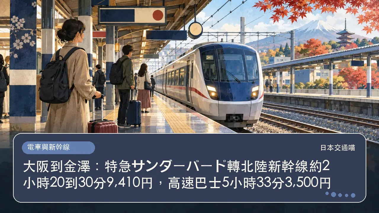 大阪到金澤：特急サンダーバード轉北陸新幹線約2小時20到30分9,410円，高速巴士5小時33分3,500円主題插畫