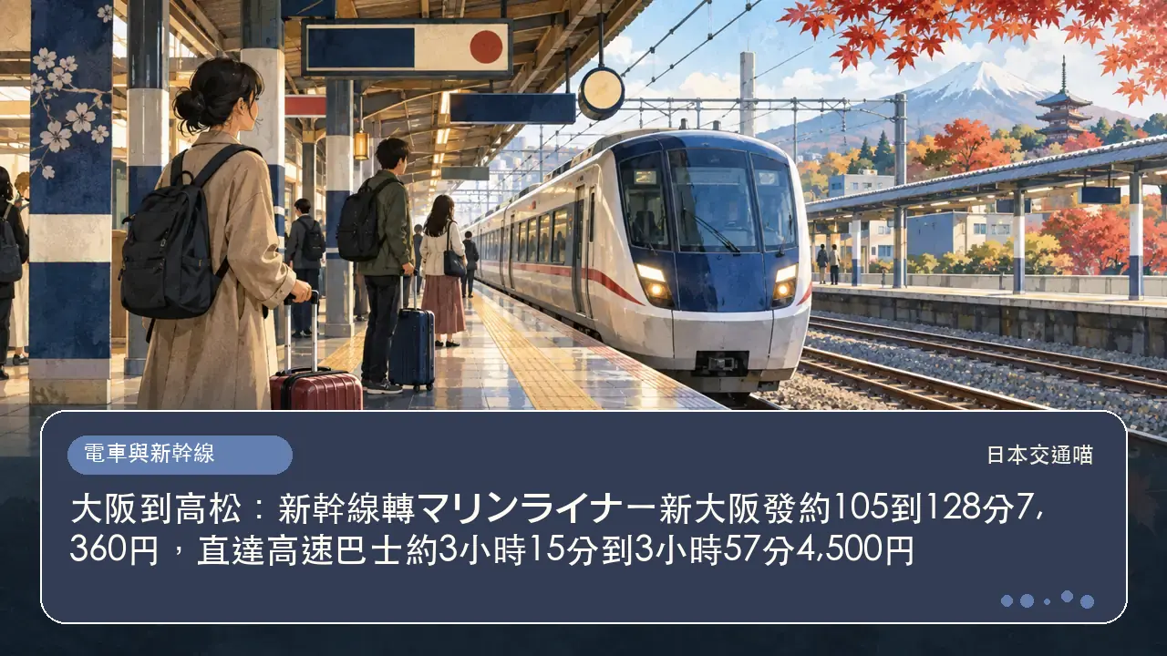 大阪到高松：新幹線轉マリンライナー新大阪發約105到128分7,360円，直達高速巴士約3小時15分到3小時57分4,500円主題插畫