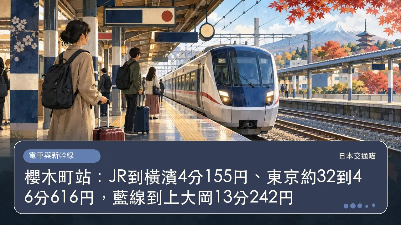 櫻木町站:JR到橫濱4分155円、東京約32到46分616円,藍線到上大岡13分242円主題插畫