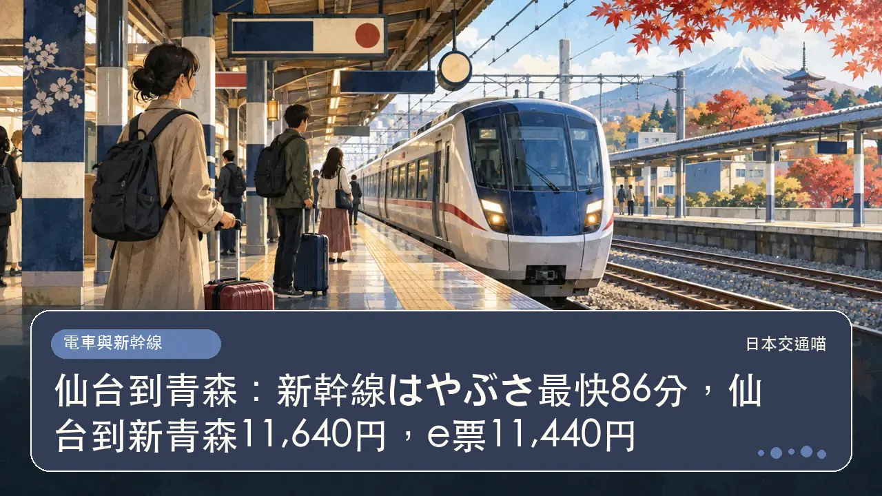 仙台到青森：新幹線はやぶさ最快86分，仙台到新青森11,640円，e票11,440円主題插畫