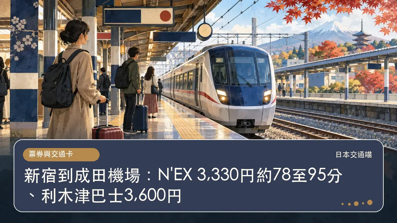 新宿到成田機場：N'EX 3,330円約78至95分、利木津巴士3,600円主題插畫