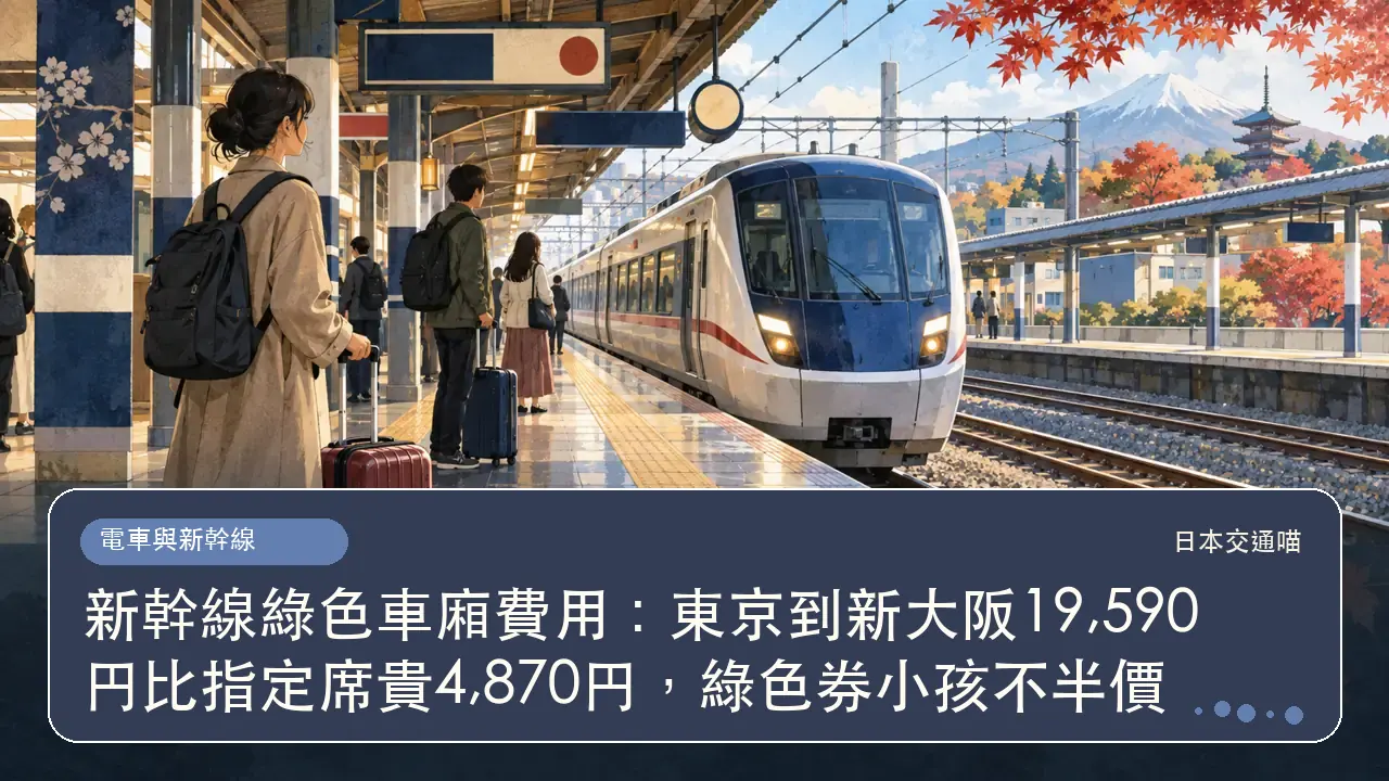 新幹線綠色車廂費用：東京到新大阪19,590円比指定席貴4,870円，綠色券小孩不半價主題插畫