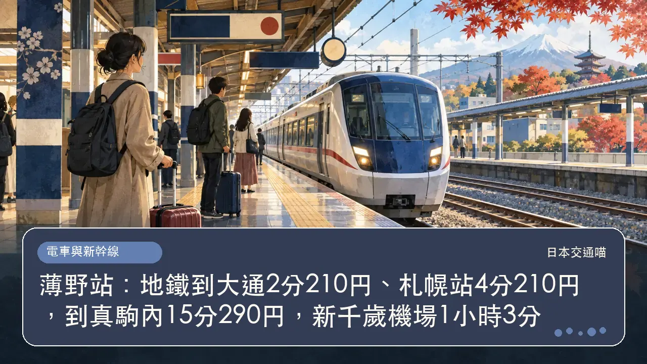 薄野站:地鐵到大通2分210円、札幌站4分210円,到真駒內15分290円,新千歲機場1小時3分主題插畫