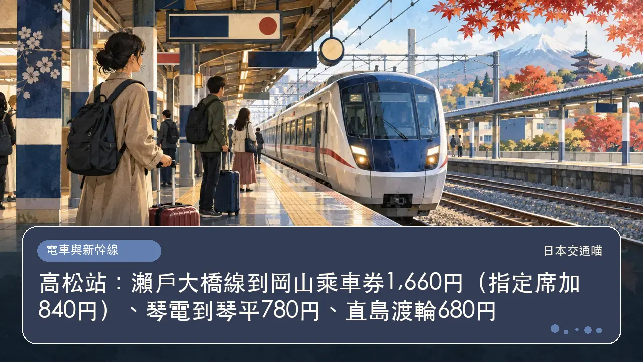 高松站：瀨戶大橋線到岡山乘車券1,660円（指定席加840円）、琴電到琴平780円、直島渡輪680円主題插畫