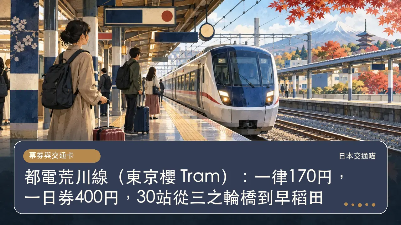 都電荒川線(東京櫻 Tram):一律170円,一日券400円,30站從三之輪橋到早稻田主題插畫